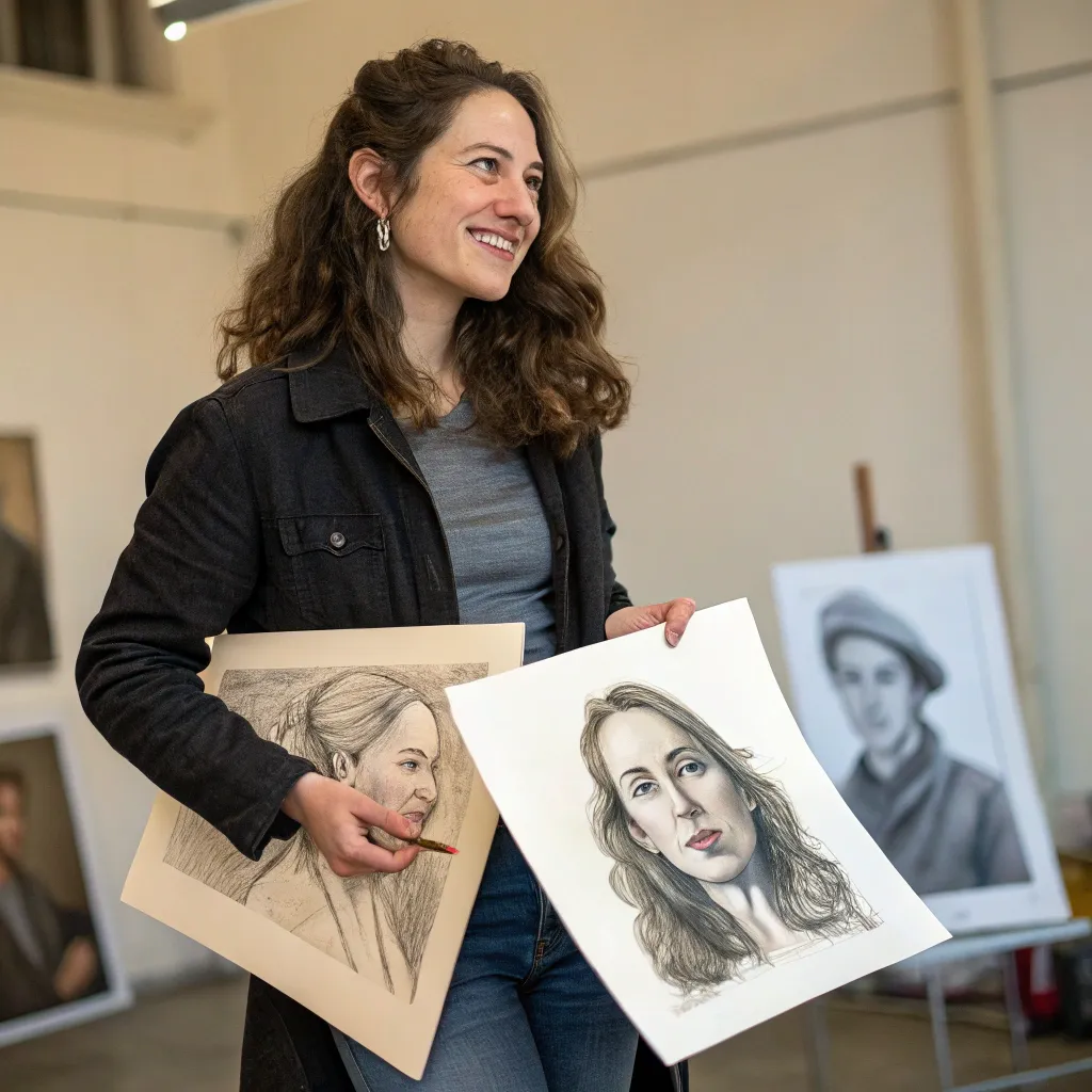 Emily Rosenthal holding her portrait sketches
